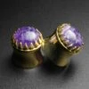 Brass Saddle Fit Double Flare Plug With Amethyst Stone Inlay -Stretch It Body Jewellery Amethyst Brass Plug Inlay