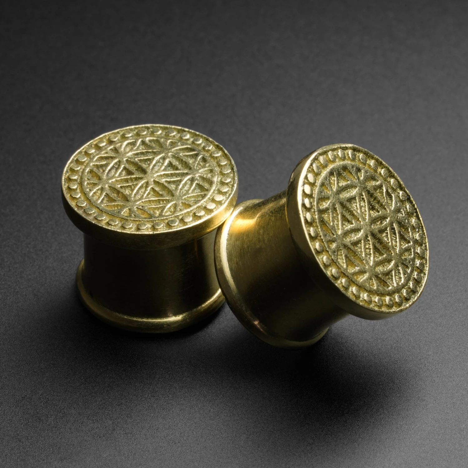 Brass Flower Of Life Double Flare Plug (Hollow Backed) 3 Brass Flower Of Life Double Flare Plug (Hollow Backed)