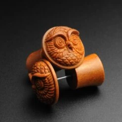 Saba Wood Fake Gauge Plug With Owl Carving