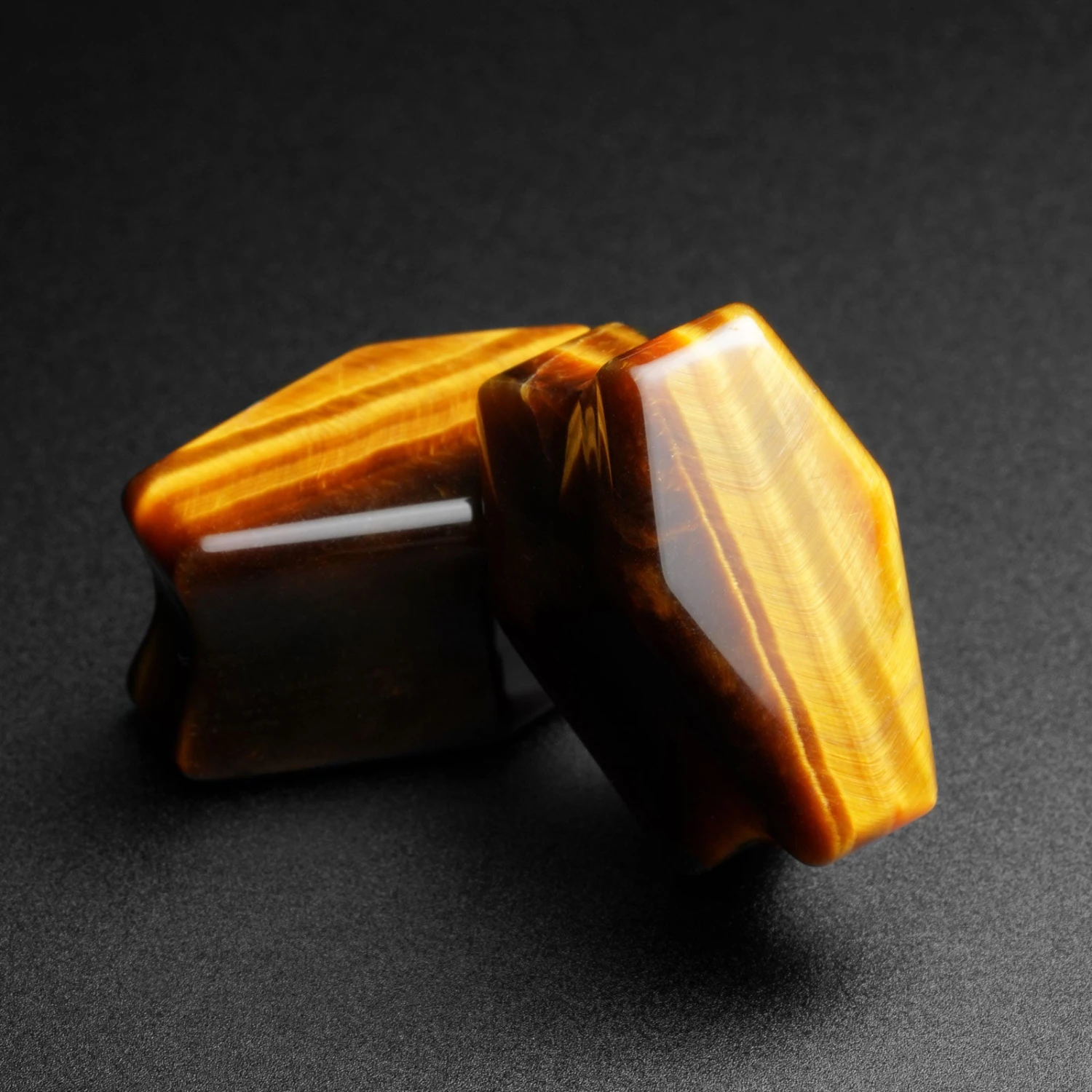 Yellow Tiger's Eye Double Flare Coffin Stone Plug 3 Yellow Tiger's Eye Double Flare Coffin Stone Plug