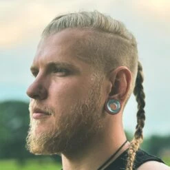 Aqua Cat's Eye Glass Double Flare Concave Tunnel -Stretch It Body Jewellery aqua cats eye glass double flare concave tunnel model shot side shot