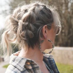 Barbed Wire Antique Silver Plug Hoops -Stretch It Body Jewellery barbed wire antique silver plug hoops model shot close up