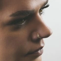 Beaded Om Mani Brass Seamless Nose Ring 8 Beaded Om Mani Brass Seamless Nose Ring -Stretch It Body Jewellery beaded om mani brass seamless nose ring model shot