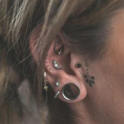 Black Onyx & Olive Wood Ball Threadless Top -Stretch It Body Jewellery black onyx olive wood ball threadless top model shot