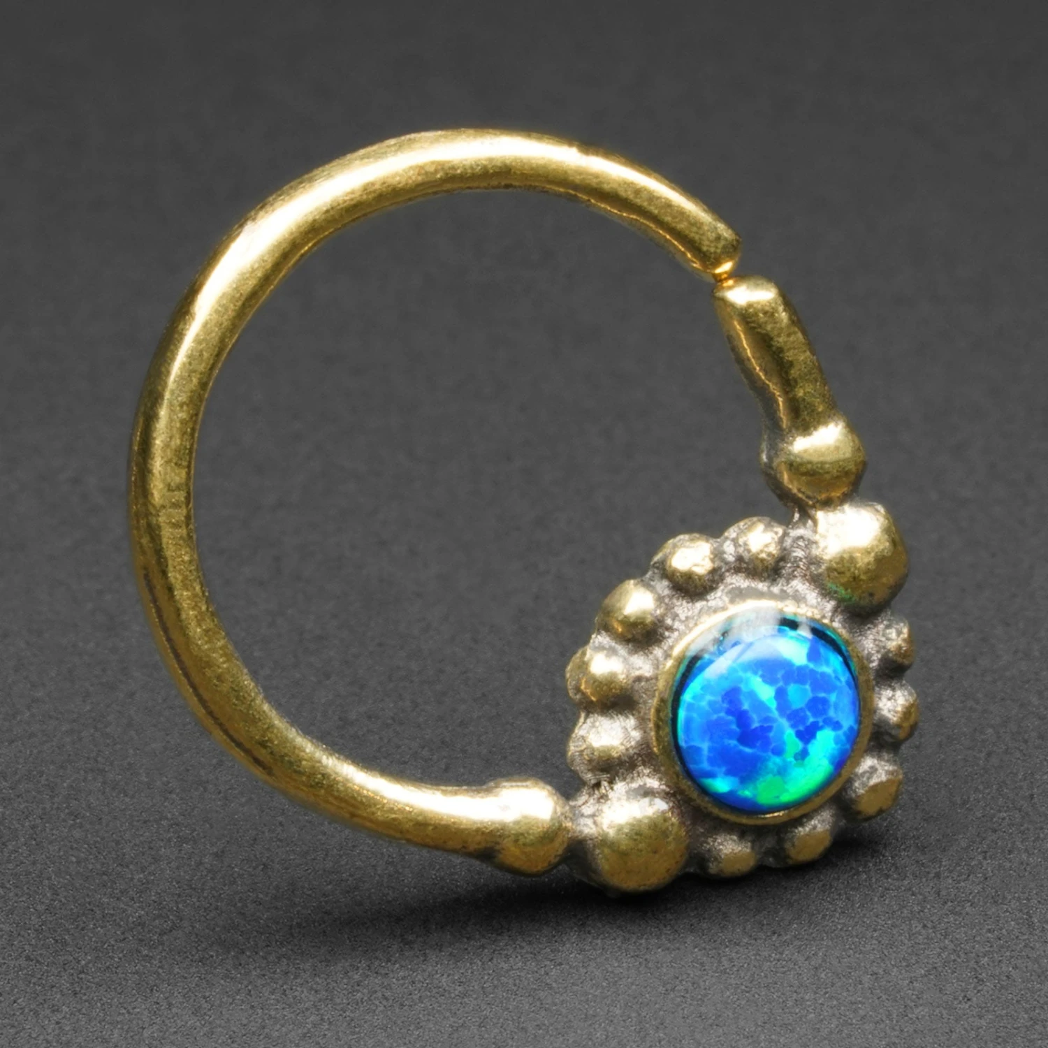 Blue Synth Opal Drop & Brass Seamless Septum Ring 3 Blue Synth Opal Drop & Brass Seamless Septum Ring