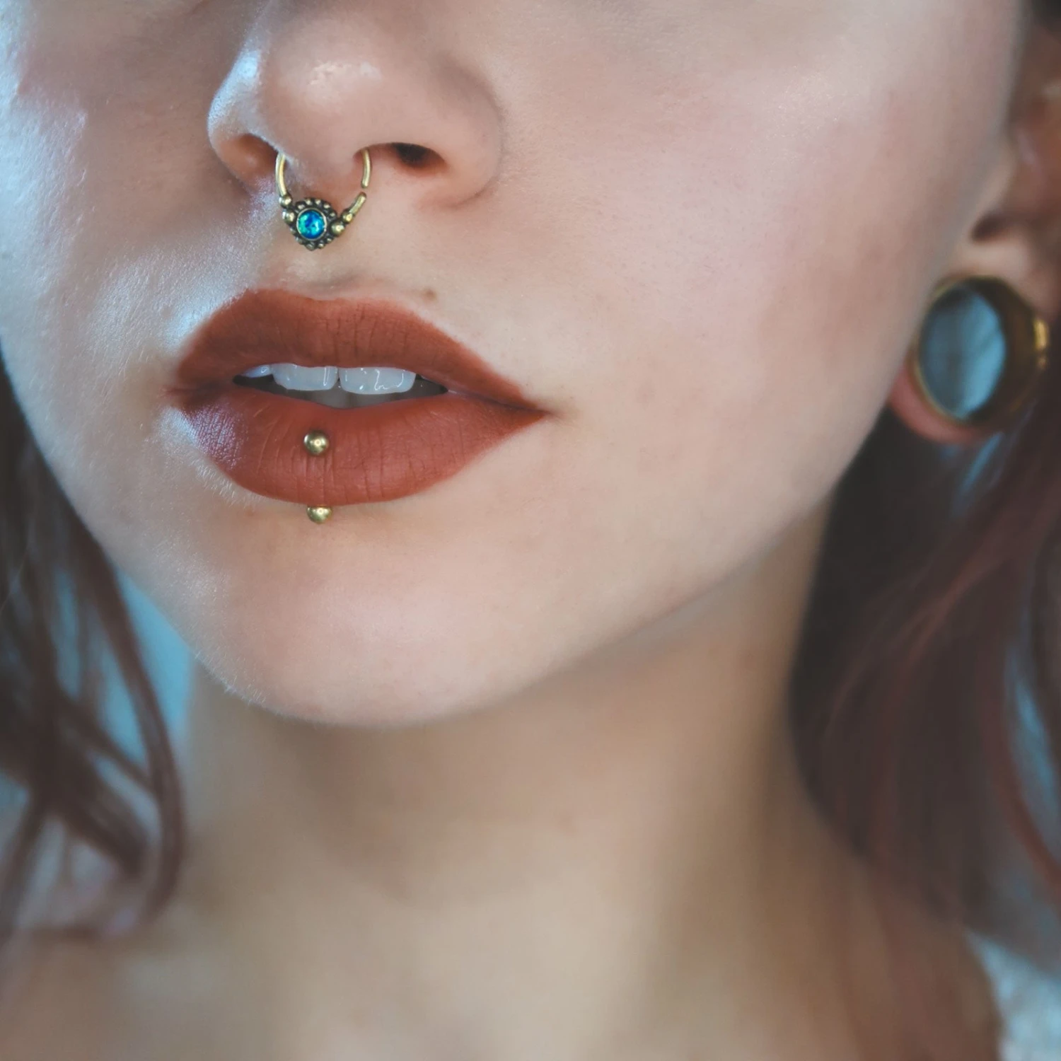 Blue Synth Opal Drop & Brass Seamless Septum Ring 5 Blue Synth Opal Drop & Brass Seamless Septum Ring - Image 3