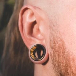 Blue Tiger's Eye Double Flare Concave Stone Tunnel -Stretch It Body Jewellery blue tigers eye double flare concave stone tunnel model shot tim 2