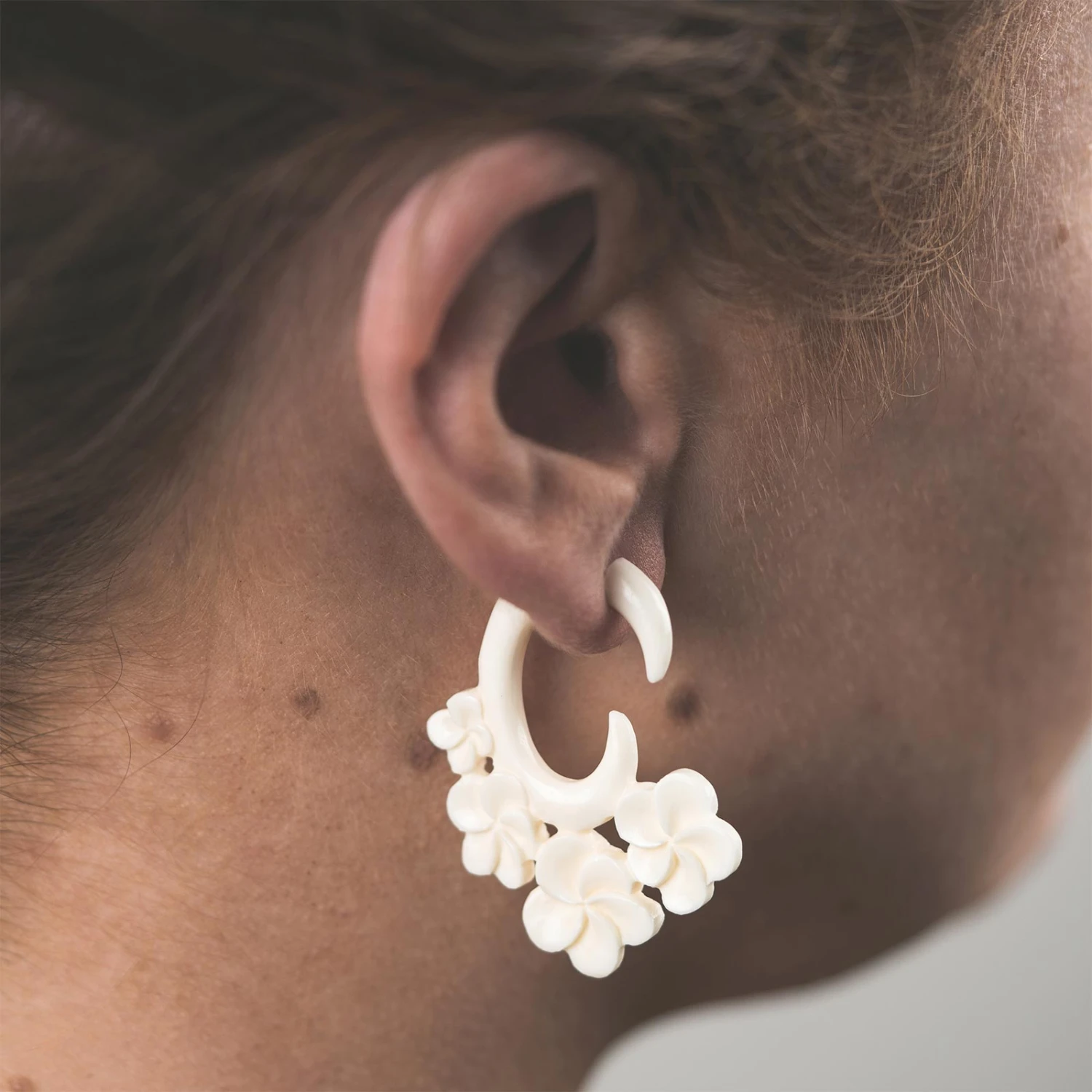 Bone Fake Gauge Hanging Spiral With Four Flower Carving 4 Bone Fake Gauge Hanging Spiral With Four Flower Carving - Image 2