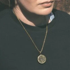 Brass Hearts & Picasso Jasper Pendant With 18k Gold Box Chain -Stretch It Body Jewellery brass hearts picasso jasper pendant with 18k gold box chain model shot