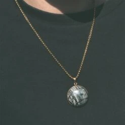 Brass Hearts & Picasso Jasper Pendant With 18k Gold Box Chain -Stretch It Body Jewellery brass hearts picasso jasper pendant with 18k gold box chain model shot back