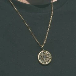 Brass Hearts & Picasso Jasper Pendant With 18k Gold Box Chain -Stretch It Body Jewellery brass hearts picasso jasper pendant with 18k gold box chain model shot front