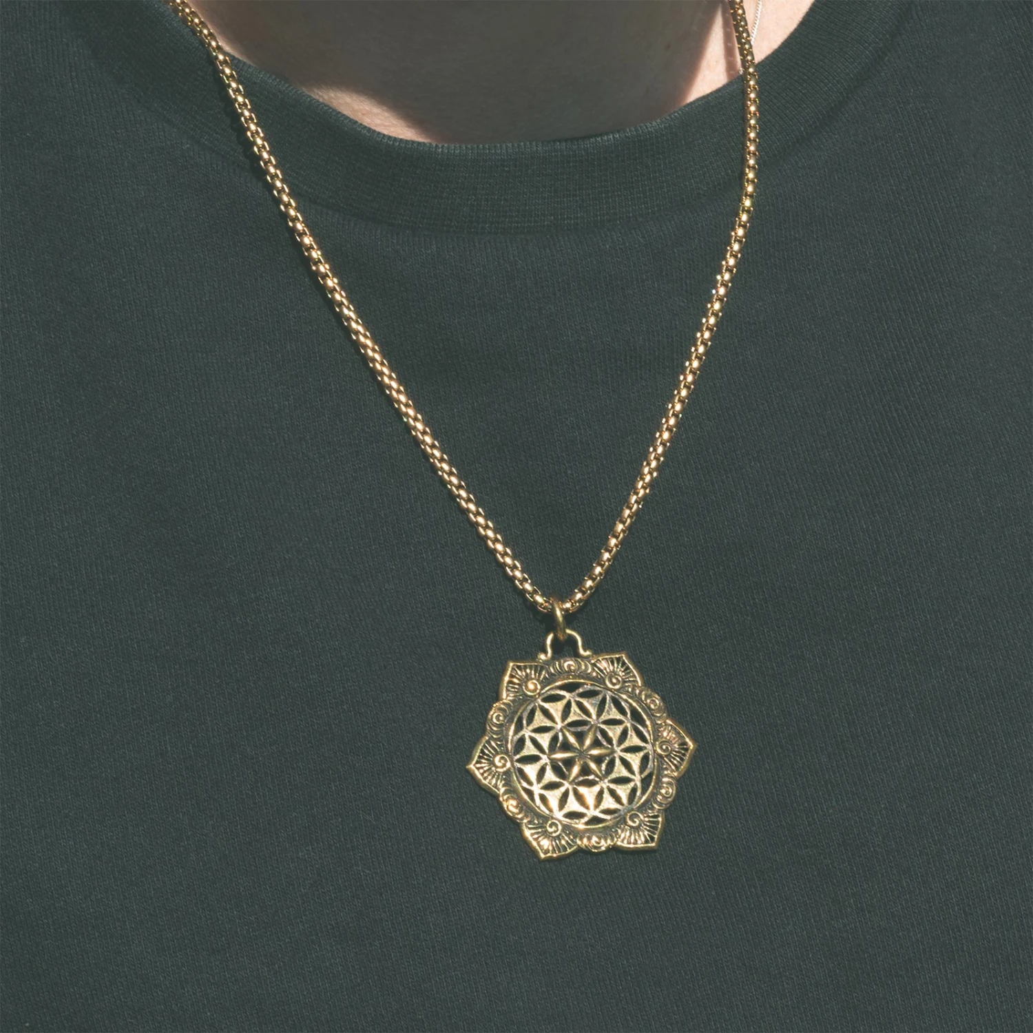 Brass Seed Of Life Flower Pendant With 18k Gold Box Chain 3 Brass Seed Of Life Flower Pendant With 18k Gold Box Chain - Image 2