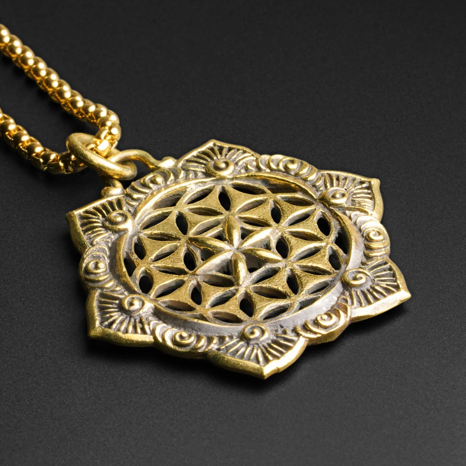 Brass Seed Of Life Flower Pendant With 18k Gold Box Chain 2 Brass Seed Of Life Flower Pendant With 18k Gold Box Chain