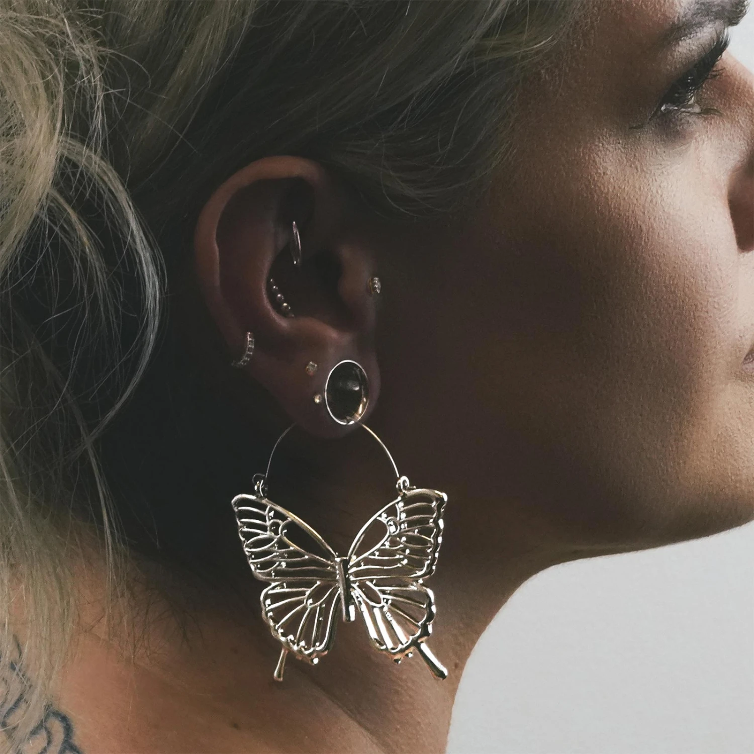 Butterfly Silver Plug Hoops 4 Butterfly Silver Plug Hoops - Image 2