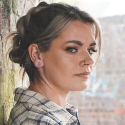 Cherry Blossom Pink Glass Double Flare Concave Plug 9 Cherry Blossom Pink Glass Double Flare Concave Plug -Stretch It Body Jewellery cherry blossom pink glass double flare concave plug model shot