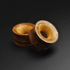 Coconut Shell Double Flare Tunnel With Tewel Wood Inlay