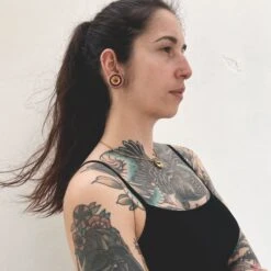 Coconut Shell Double Flare Tunnel With Tewel Wood Inlay -Stretch It Body Jewellery coconut shell double flare tunnel with tewel wood inlay model shot