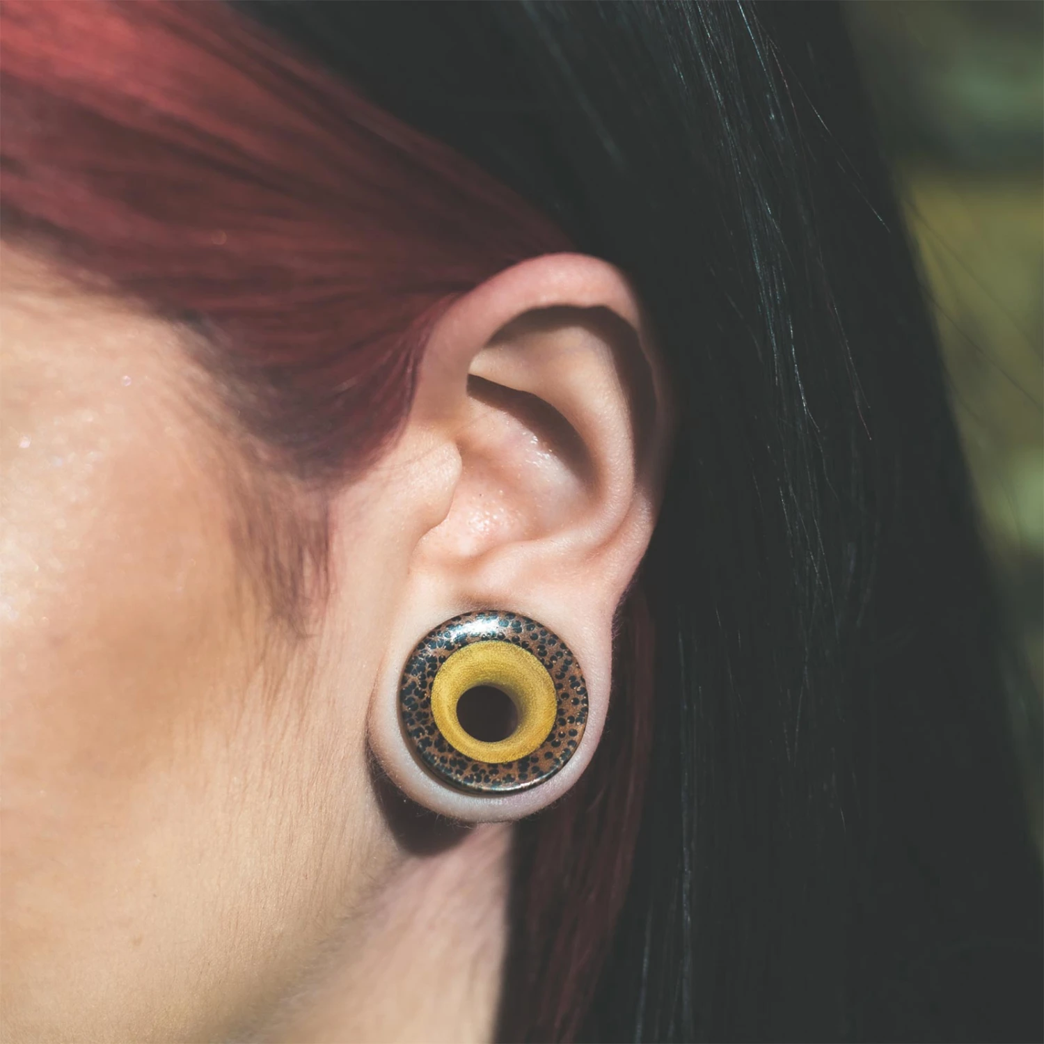 Coconut Wood Double Flare Tunnel With Crocodile Wood Inlay 7 Coconut Wood Double Flare Tunnel With Crocodile Wood Inlay - Image 5