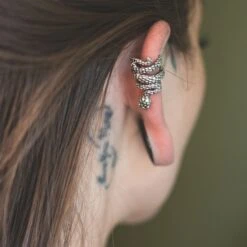 Coiled Snake White Brass Ear Cuff -Stretch It Body Jewellery coiled snake white brass ear cuff model shot