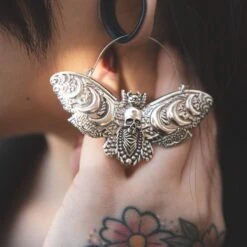 Death Moth Moon Phase Plug Hoops -Stretch It Body Jewellery death moth moon phase plug hoops model shot close up