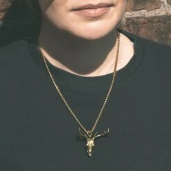 Deer Skull Brass Pendant With 18k Gold Box Chain -Stretch It Body Jewellery deer skull brass pendant with 18k gold box chain model shot