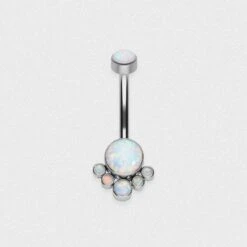Double Fire & Snow Synth Opal Internally Threaded Titanium Belly Bar With Mini Opal Drop
