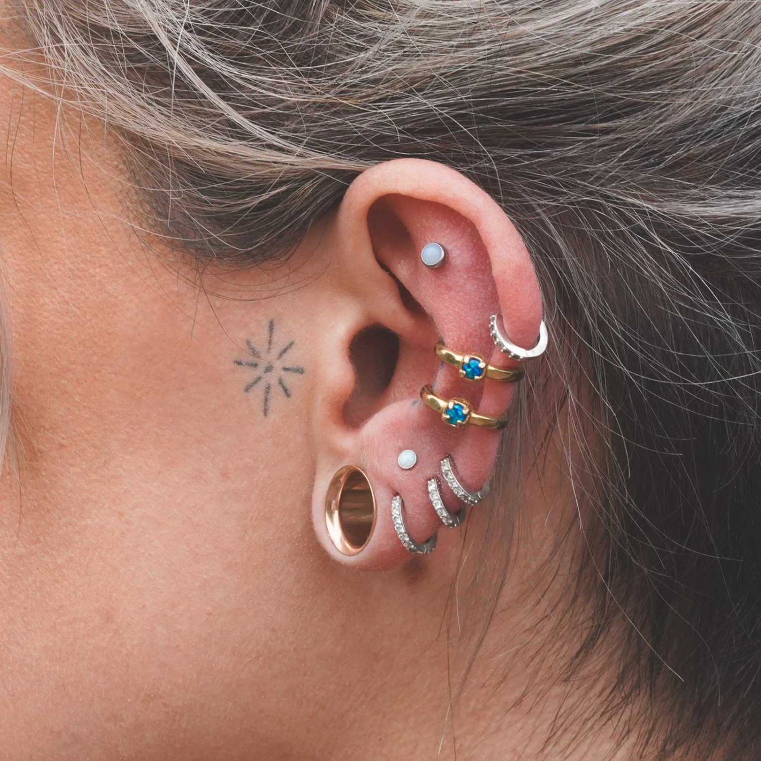 Double Hoop With Synth Blue Opal Brass Ear Cuff 4 Double Hoop With Synth Blue Opal Brass Ear Cuff - Image 2