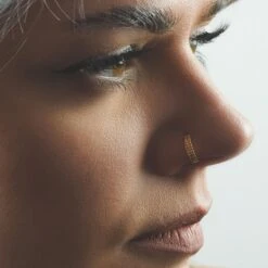 Double Pyramid Gold PVD Titanium Hinged Segment Ring -Stretch It Body Jewellery double pyramid gold pvd titanium hinged segment ring model shot nose shot