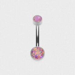 Double Rose Pink Synth Opal Bezel Set Internally Threaded Titanium Belly Bar