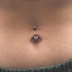 Stretch It Body Jewellery -Stretch It Body Jewellery double rose pink synth opal internally threaded titanium belly bar model shot