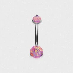 Double Rose Pink Synth Opal Internally Threaded Titanium Belly Bar