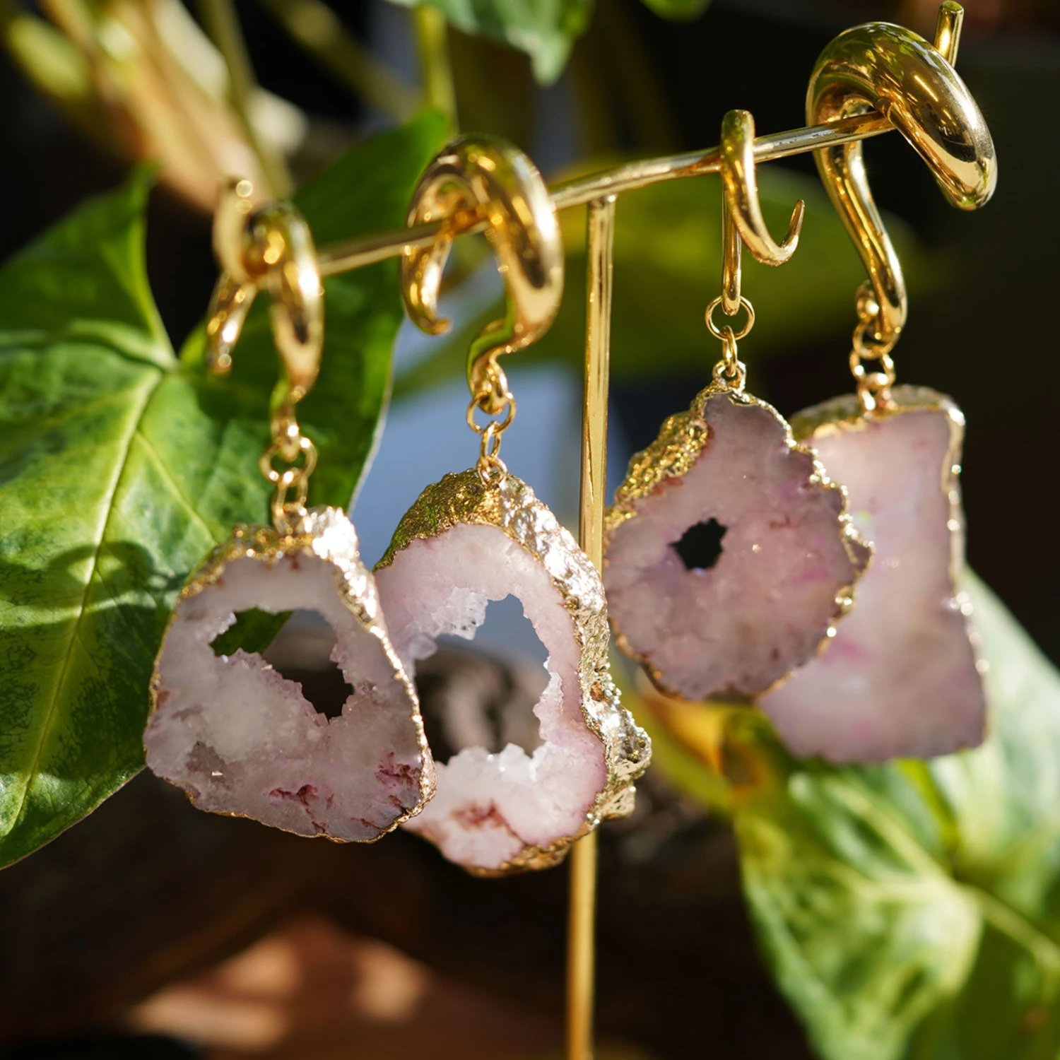 Druzy Pink Agate With Gold PVD Hook Ear Weight 4 Druzy Pink Agate With Gold PVD Hook Ear Weight - Image 2