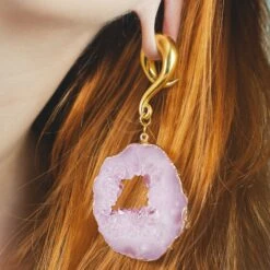 Druzy Pink Agate With Gold PVD Hook Ear Weight 8 Druzy Pink Agate With Gold PVD Hook Ear Weight -Stretch It Body Jewellery druzy pink agate with gold pvd hook ear weight model shot 68b9c26d 4350 4f0d bde2 d4692d974e94
