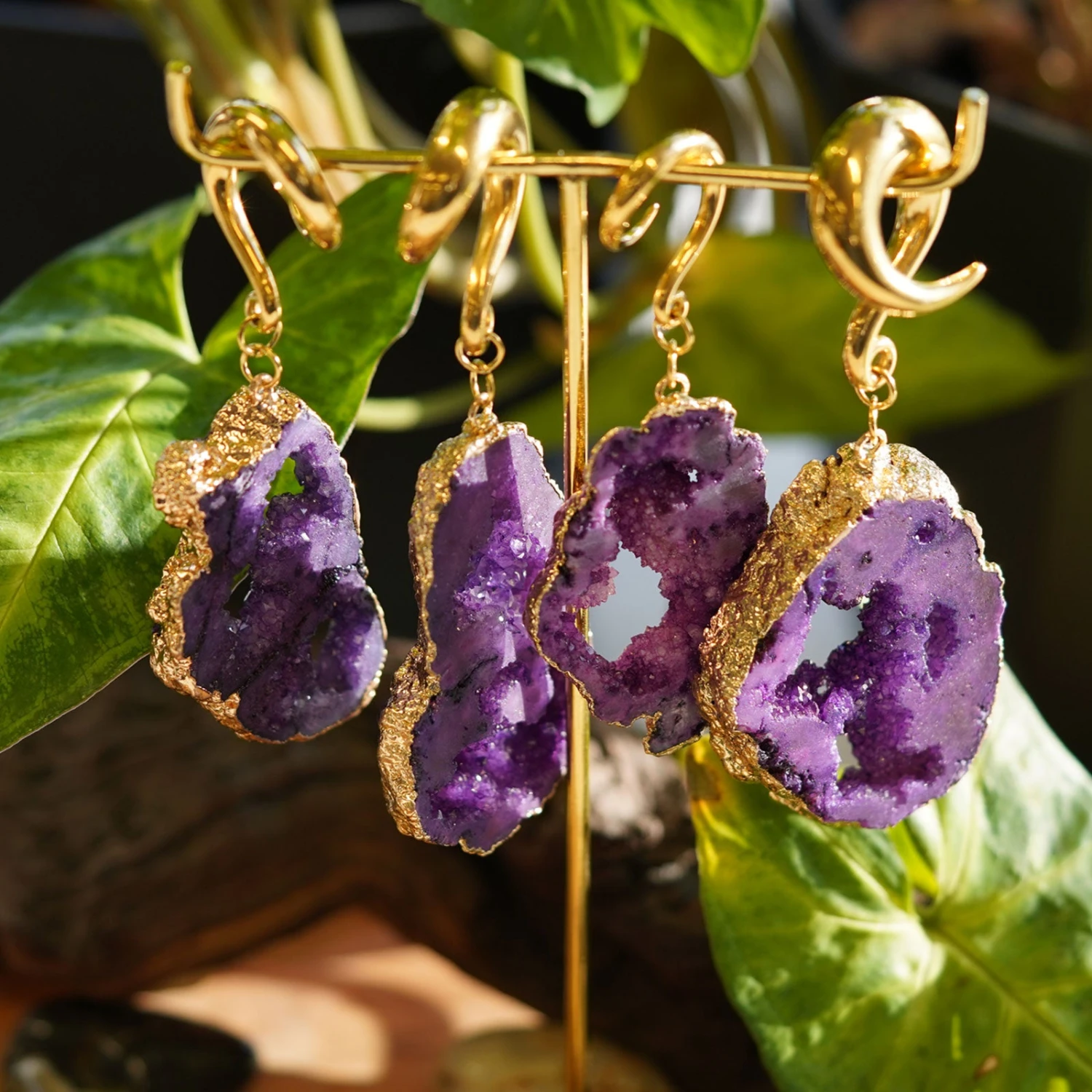 Druzy Purple Agate With Gold PVD Hook Ear Weight 4 Druzy Purple Agate With Gold PVD Hook Ear Weight - Image 2