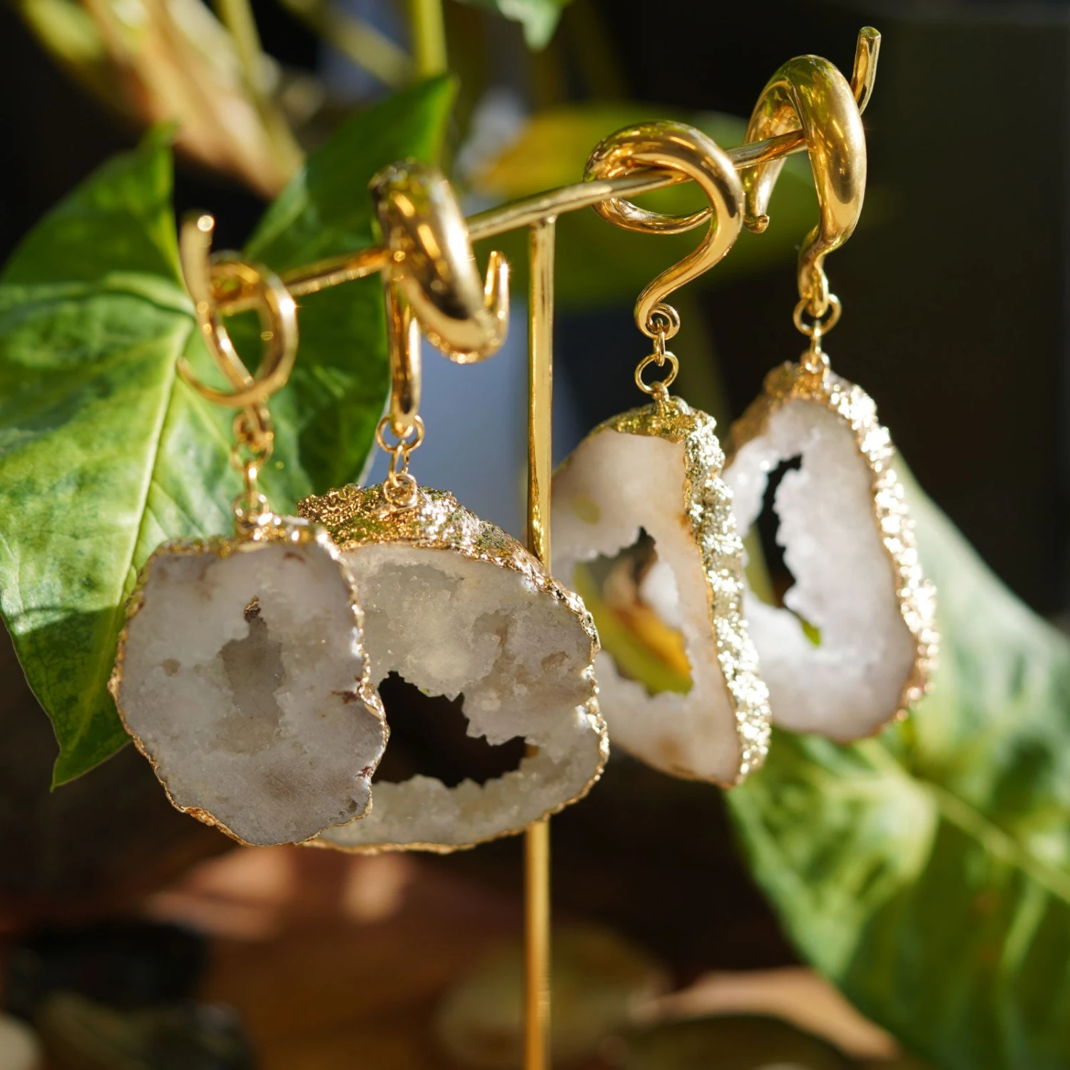 Druzy White Agate With Gold PVD Hook Ear Weight 4 Druzy White Agate With Gold PVD Hook Ear Weight - Image 2