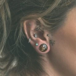 Golden Flake Double Flare PVD Plug 8 Golden Flake Double Flare PVD Plug -Stretch It Body Jewellery golden flake double flare pvd plug model shot