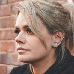 Grade AAA Labradorite Single Flare Convex Stone Plug 8 Grade AAA Labradorite Single Flare Convex Stone Plug -Stretch It Body Jewellery grade aaa labradorite single flare plug model shot