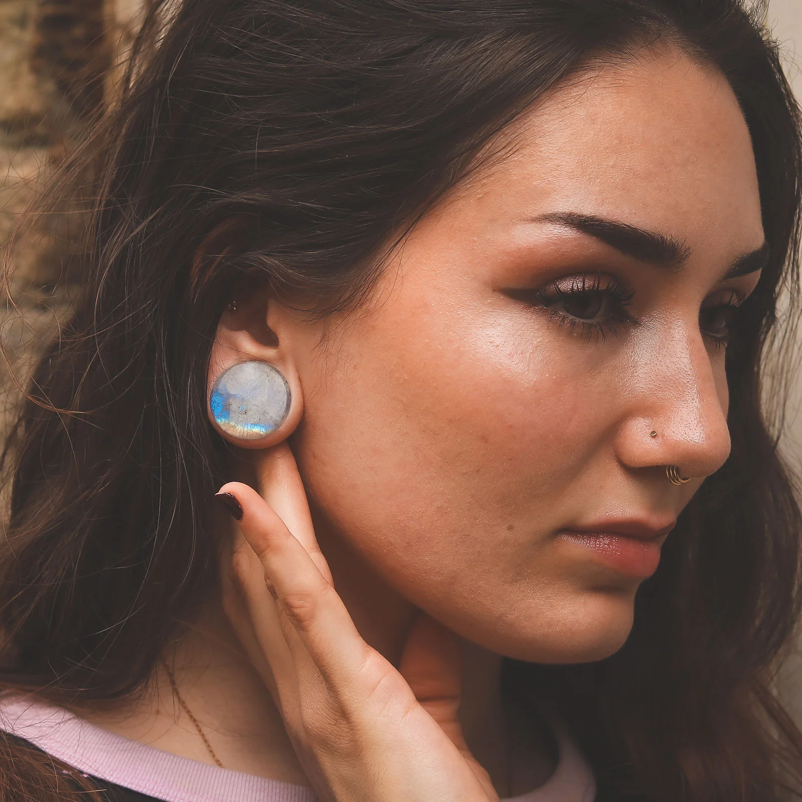 Stretch It Body Jewellery -Stretch It Body Jewellery grey labradorite double flare convex stone plug model shot
