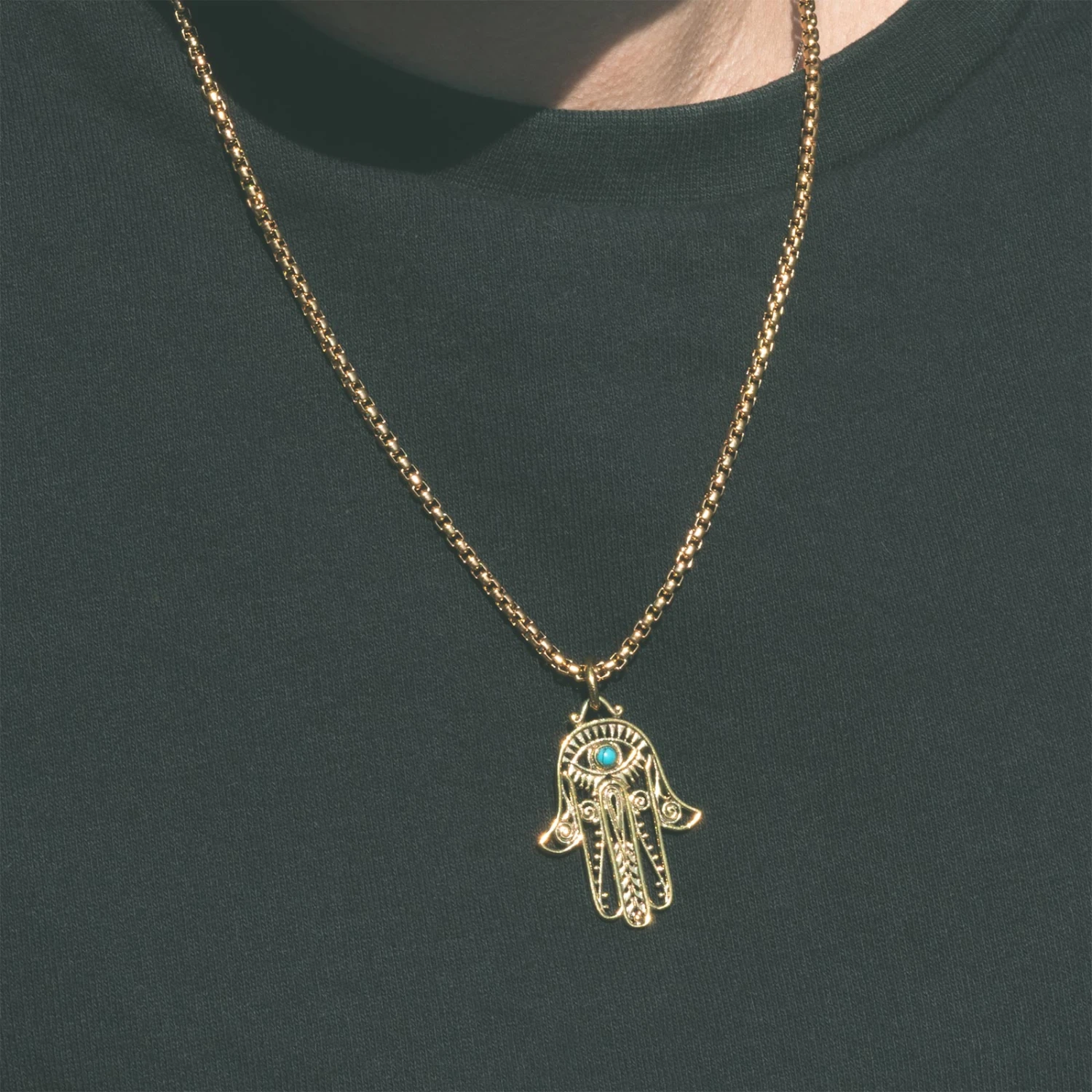 Hand Of Fatima Brass Pendant With 18k Gold Box Chain 4 Hand Of Fatima Brass Pendant With 18k Gold Box Chain - Image 2
