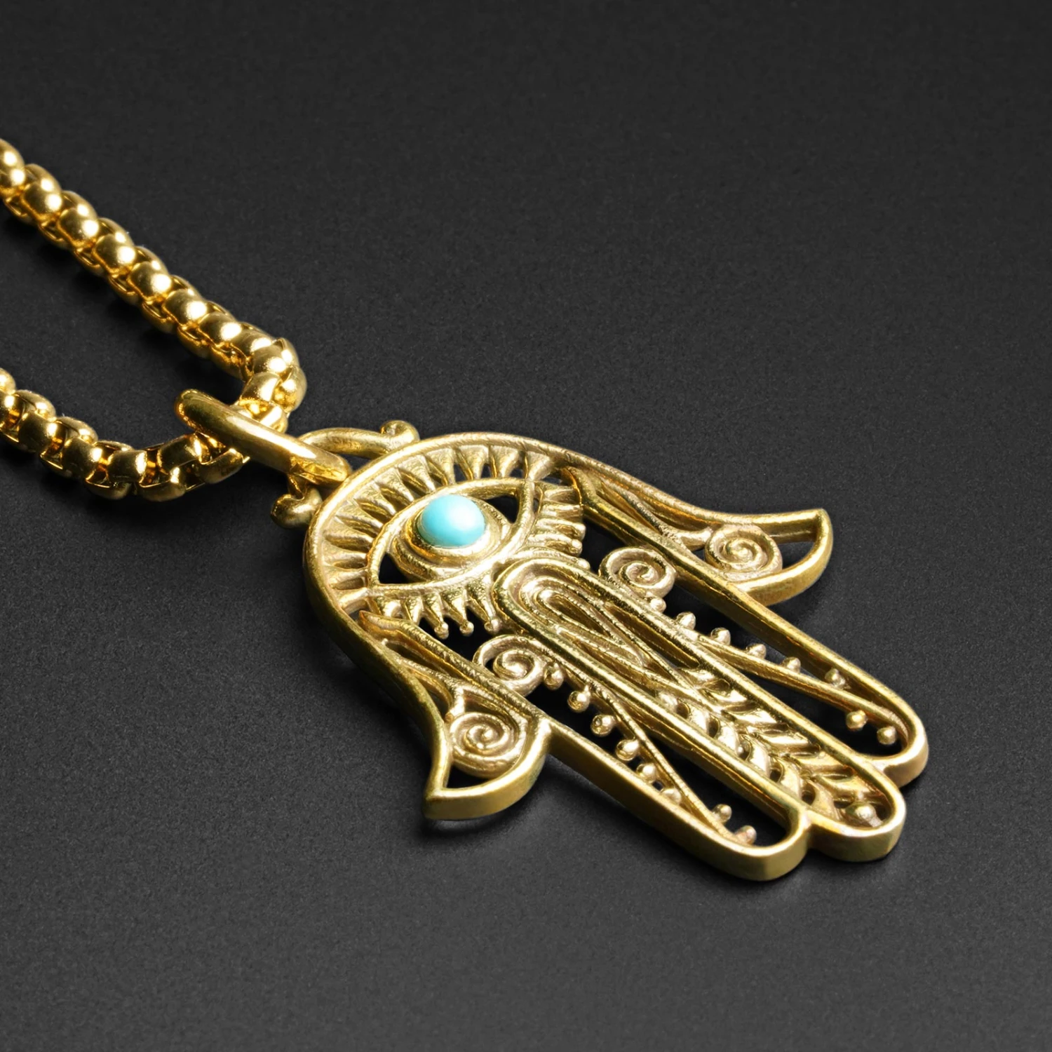 Hand Of Fatima Brass Pendant With 18k Gold Box Chain 3 Hand Of Fatima Brass Pendant With 18k Gold Box Chain
