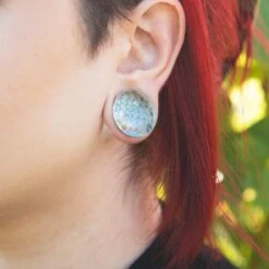 Iridescent Mermaid Scale Glass Double Flare Convex Plug -Stretch It Body Jewellery iridescent mermaid scale glass double flare convex plug model shot close up