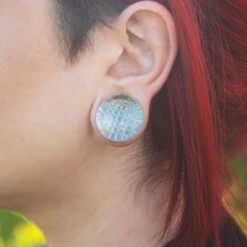 Iridescent Mermaid Scale Glass Double Flare Convex Plug -Stretch It Body Jewellery iridescent mermaid scale glass double flare convex plug model shot close up front