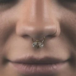 Jewelled Bumble Bee Gold PVD Titanium Septum Clicker 8 Jewelled Bumble Bee Gold PVD Titanium Septum Clicker -Stretch It Body Jewellery jewelled bumble bee gold pvd titanium septum clicker model shot