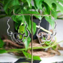 Linked Snakes Antique Silver Plug Hoops With Dangle Chain -Stretch It Body Jewellery linked snakes antique silver plug hoop with dangle chain