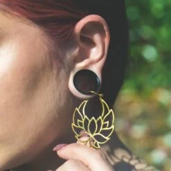 Lotus Flower Brass Plug Hoops -Stretch It Body Jewellery lotus flower brass plug hoops model shot close up