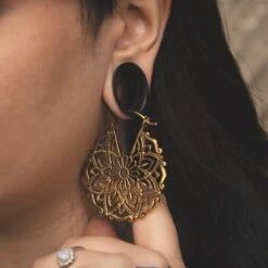 Mandala Brass Mini Plug Hoops -Stretch It Body Jewellery mandala brass mini plug hoops model shot close up