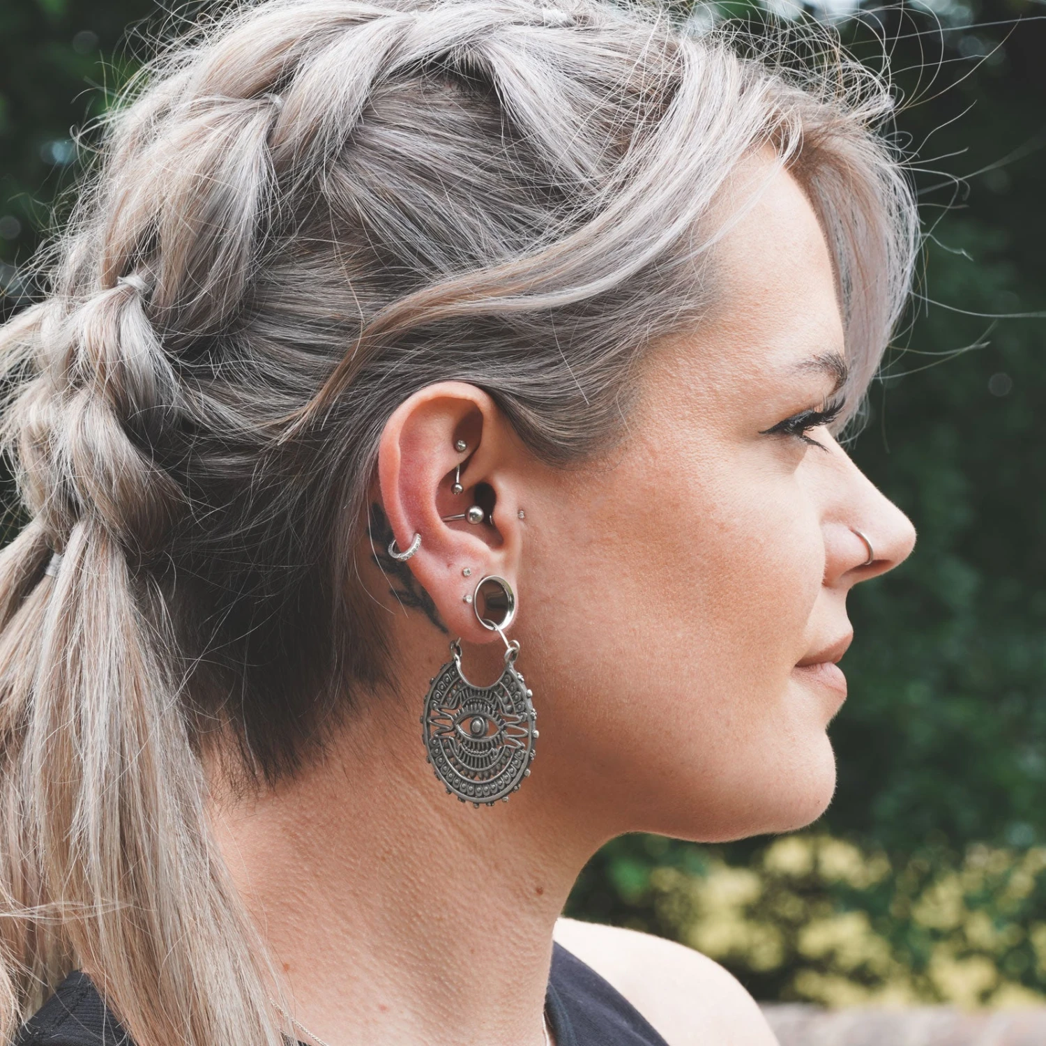 Mayan All Seeing Eye White Brass Plug Hoops 5 Mayan All Seeing Eye White Brass Plug Hoops - Image 3