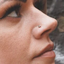 Opalite Brass Nose Stud (Nose Bone) 8 Opalite Brass Nose Stud (Nose Bone) -Stretch It Body Jewellery opalite brass nose stud nose bone model shot close up