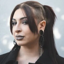 Pentagram With Dangle Chains Black PVD Plug Hoops -Stretch It Body Jewellery pentagram with dangle chains black pvd plug hoops model shot