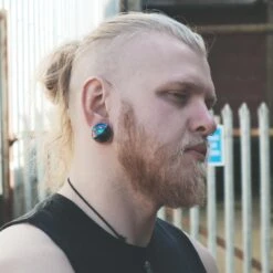 Rainbow Oil Slick Glass Double Flare Plug -Stretch It Body Jewellery rainbow oil slick glass double flare plug model shot